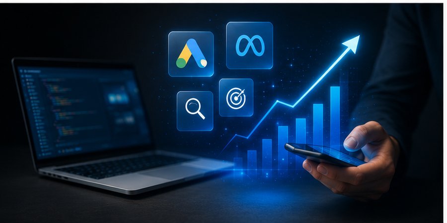 Digital marketing analytics dashboard with Google and Meta logos