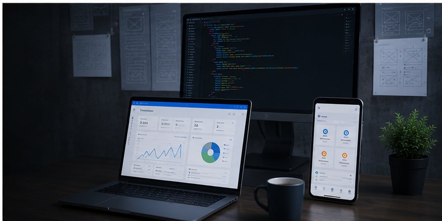Software development on laptop with mobile app