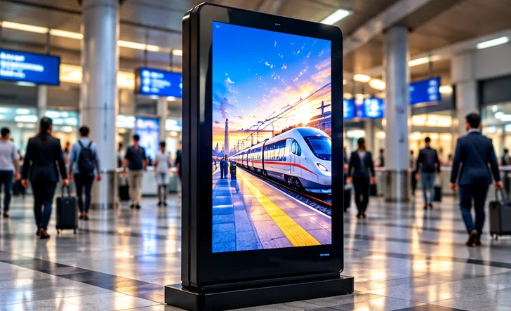Dnexus digital signage standee in a busy railway station concourse