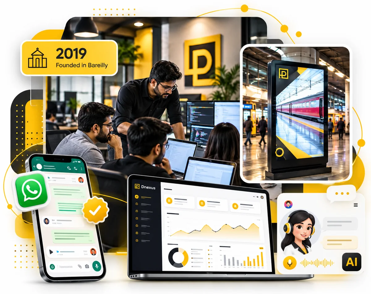Digital Nexus Media team, founded in Bareilly in 2019, with the products we build: WhatsApp automation, business dashboards, railway station digital signage and AI voice agents