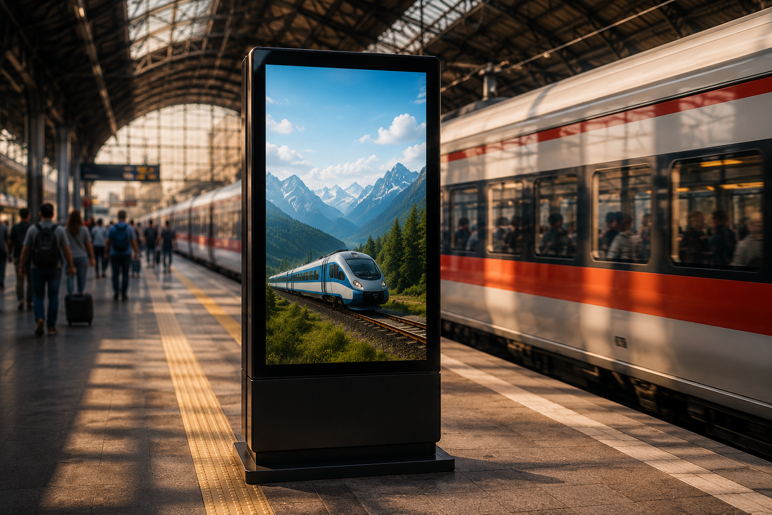 Railway station digital signage standee at sunrise